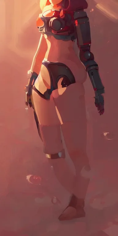 Image similar to concept art of young cute redhead cyborg robot woman with curvaceous body wearing shorts and bikini illustration illustration concept art anime by wlop and greg rutkowski and studio ghibli and kyoto animation