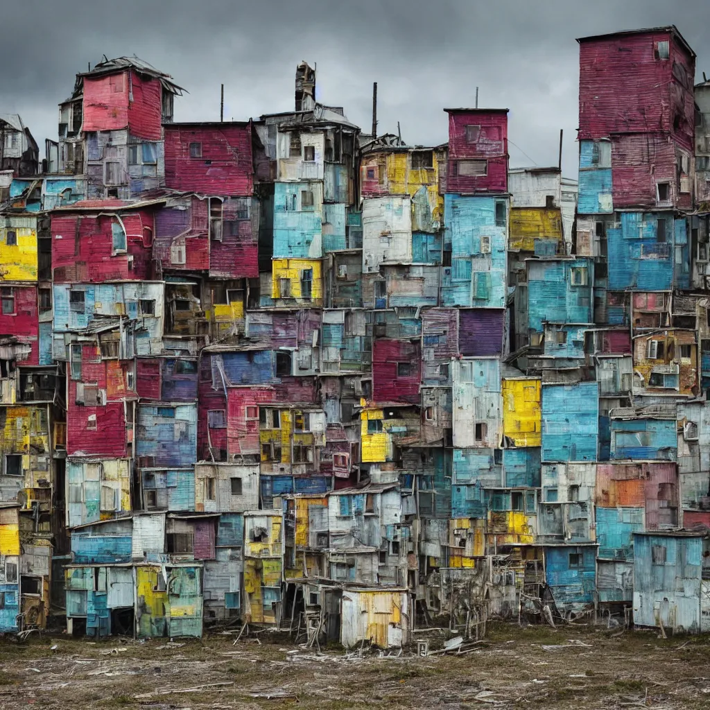 Image similar to close - up view of a tower made up of colourful makeshift squatter shacks, bleached colours, moody cloudy sky, dystopia, mamiya, very detailed, photographed by cristina de middel