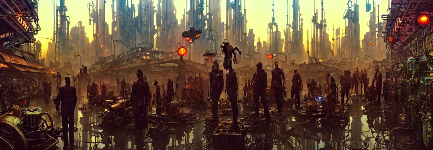 Image similar to steampunk cyberpunk city in a swamp, busy market, godrays, cinematic, poster art by james gurney, weta studio, lucasfilm jesper ejsing, norman rockwell, mucha, ilya kuvshinov, greg rutkowski frank frazzeta on artstation