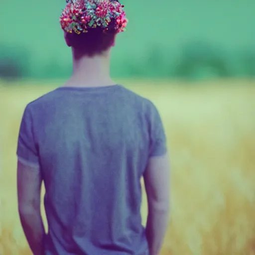 Image similar to kodak portra 4 0 0 photograph of a skinny blonde guy standing in field on fire, back view, flower crown, moody lighting, telephoto, 9 0 s vibe, blurry background, vaporwave colors, faded!,