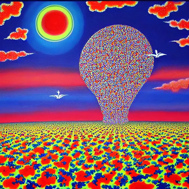 Image similar to a beautiful painting there were many doves of peace in the nuclear explosion, by kusama miyama realistic oil painting