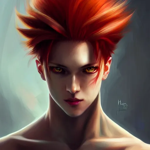 Prompt: portrait of hisoka hunter hunter, male, thin pursed lips, sharp jaw yellow iris very narrow very tiny eyes red hair soft hair swept back crimson medium length hair, anime, fantasy, intricate, elegant, highly detailed, digital painting, artstation sharp focus, hunterpedia madonna art by artgerm and ruan jia and ross tran