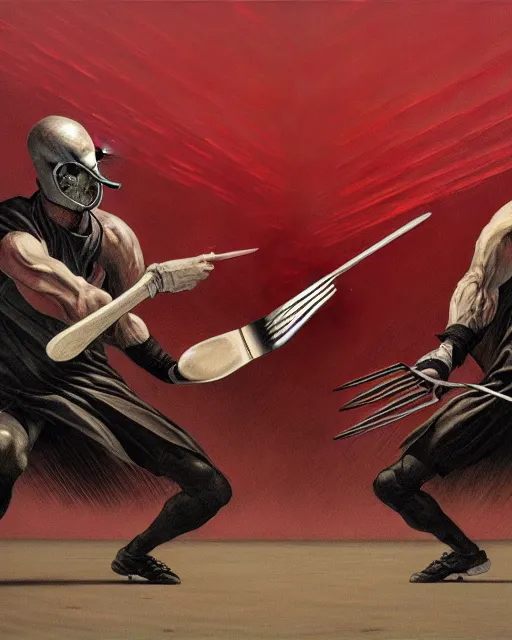 Image similar to hyperrealistic hyperdetailed fork battle war concept art santiago caruso de chirico sharp very dramatic crimson light 8k low angle shallow depth of field
