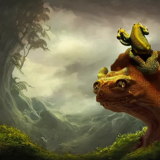 Prompt: a man rides on a gigantic Gecko, Fantasy Art