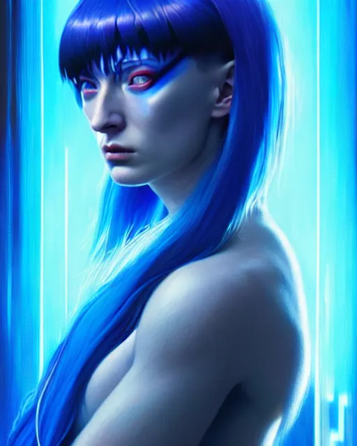 Prompt: electric blue haired cyborg muscular sophie turner in ghost in the shell poster, artgerm, jeremy lipkin, fine detail!!