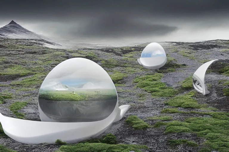 Prompt: several white future cyberpunk egg shaped buildings shine on a barren mossy mountain in iceland, and many wild animals, by hiroshi sugimoto and paul lehr and john schoenherr and john harris