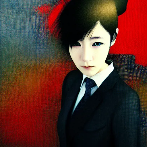 Image similar to yoshitaka amano blurred and dreamy realistic three quarter angle portrait of a young woman with short hair and black eyes wearing office suit with tie, abstract patterns in the background, satoshi kon anime, noisy film grain effect, highly detailed, renaissance oil painting, weird portrait angle, blurred lost edges