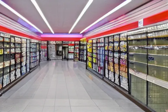 Prompt: inside an empty store at night