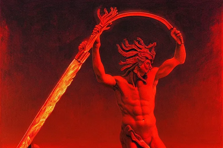 Image similar to only with red, a red melted apollo with a laurel wreath and a flaming sword announce the win, atene in the background, in the style of beksinski, part by hopper, part by rodcenko, part by hofbauer, intricate composition, red by caravaggio, insanely quality, highly detailed, masterpiece, red light, artstation