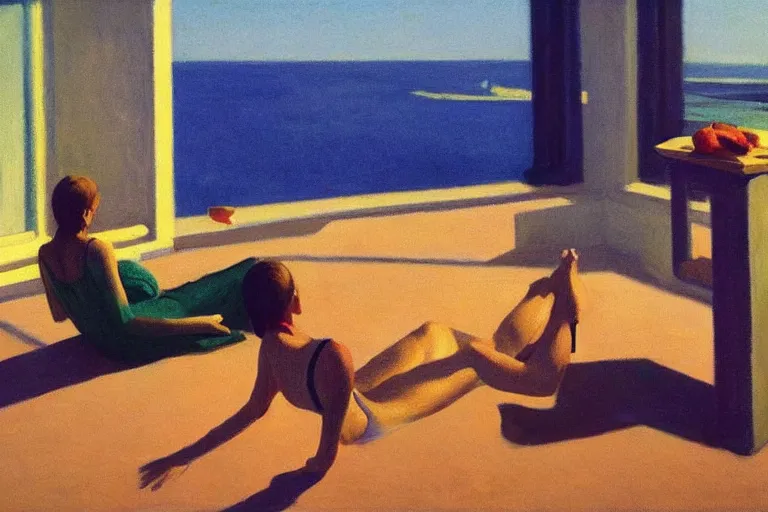 Image similar to twitch streamer is trying to take sunbath, picture in style of Edward Hopper,