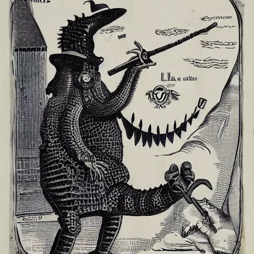 Image similar to a poster featuring a humanoid crocodile smoking a cigar, a hawk with a black cross shaped sword