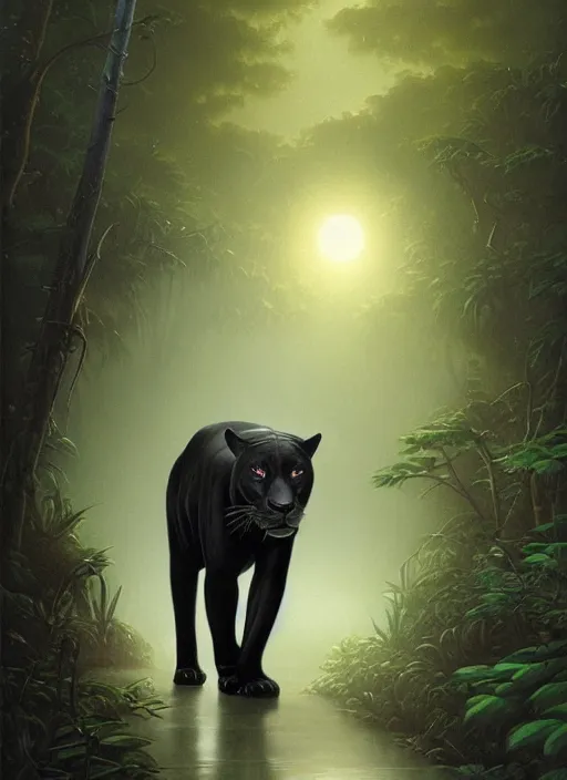 Image similar to a beautiful black jaguar walking in the jungle at night, art by christophe vacher
