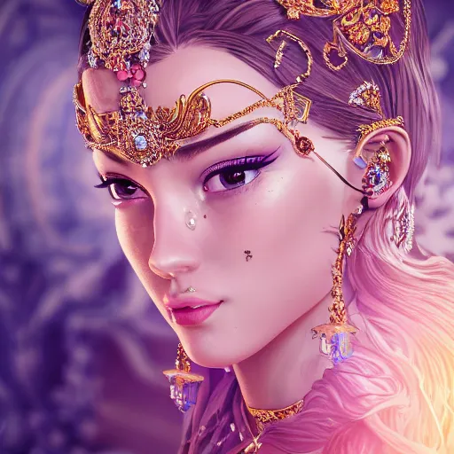 Image similar to portrait of pretty princess with perfect skin, glowing, ornate and intricate diamond jewelry, jaw dropping beauty, ornate and intricate backdrop, white accent lighting, hyper detailed, 4 k octane render