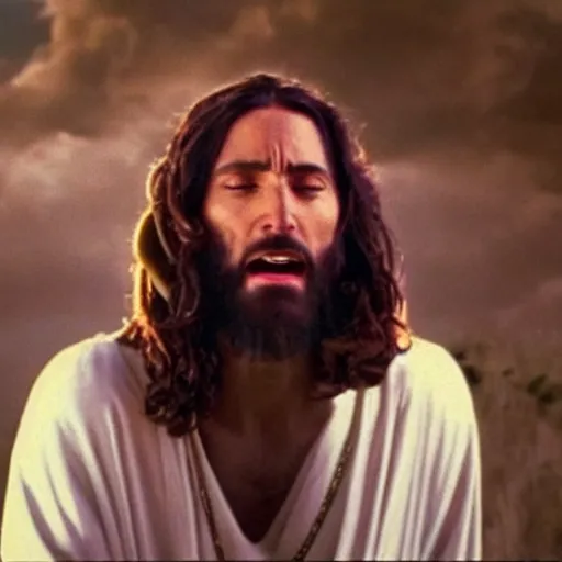 Prompt: jesus rapping in a music video, 4k upscale, MTV, 1990, bling bling, microphone