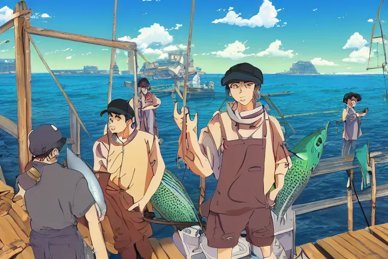 Prompt: cell shaded anime key visual of a group of fisherman trying to sell fish on the docks of a coastal fantasy city in the style of studio ghibli, moebius, makoto shinkai, dramatic lighting
