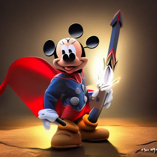 Image similar to Mickey Mouse as Thor, digital art parody, unreal engine, high quality