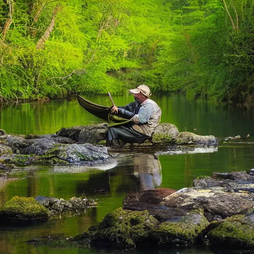 Prompt: otter fisherman, even light, forest river, morning forest