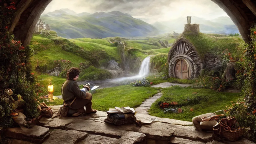 Image similar to frodo writing in his journal in bag end at the end of his journey, hobbiton visible through a window, by alan lee, michal karcz, smooth details, lord of the rings, game of thrones, smooth, detailed terrain, oil painting, trending artstation, concept art, fantasy matte painting