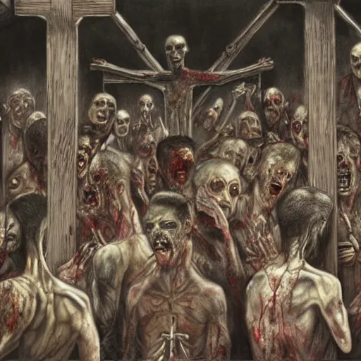 Image similar to a hyperrealistic painting of a large group of zombies watching the crucifixtion, by santiago caruso, highly detailed,