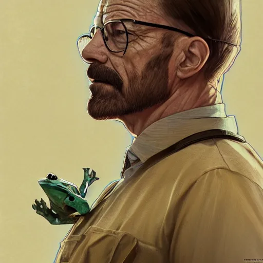 Image similar to a frog and walter white, intricate, highly detailed, digital painting, artstation, concept art, smooth, sharp focus, illustration, unreal engine 5, 8 k, art by artgerm and greg rutkowski and alphonse mucha