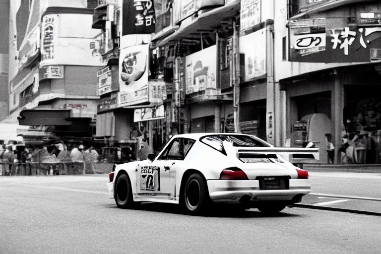 Image similar to single racecar 1 9 8 8 9 1 1, movie still, vintage footage on tokyo streets, volumetric lighting, f 8 aperture, cinematic eastman 5 3 8 4 film