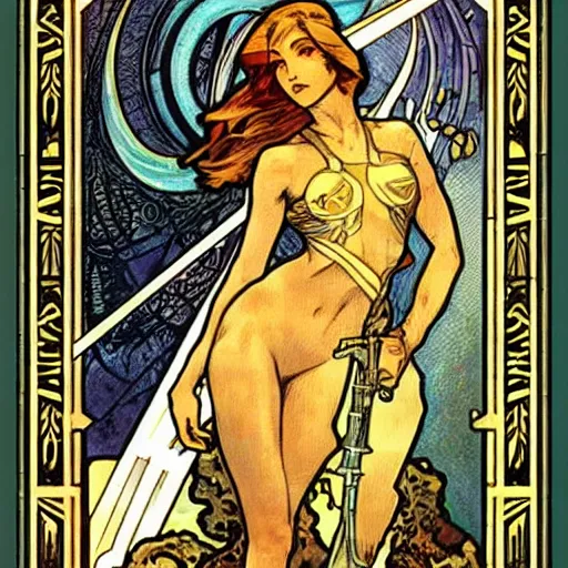 Image similar to Metroid by Alphonse Mucha, high detail, peaceful colors, tarot card