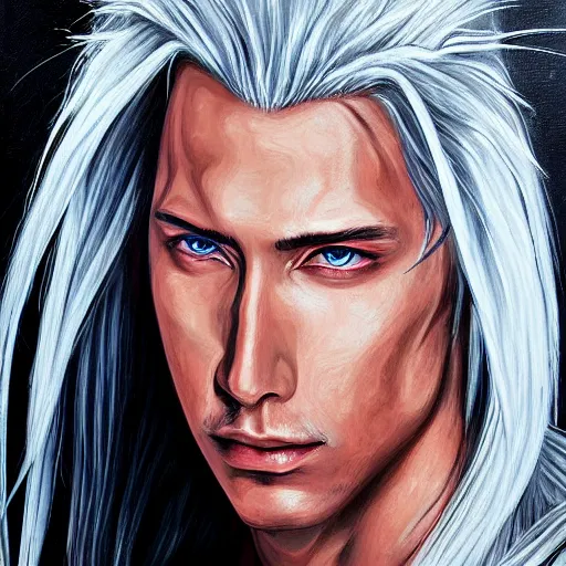Prompt: Sephiroth painting, hyper detailed oil painting portrait
