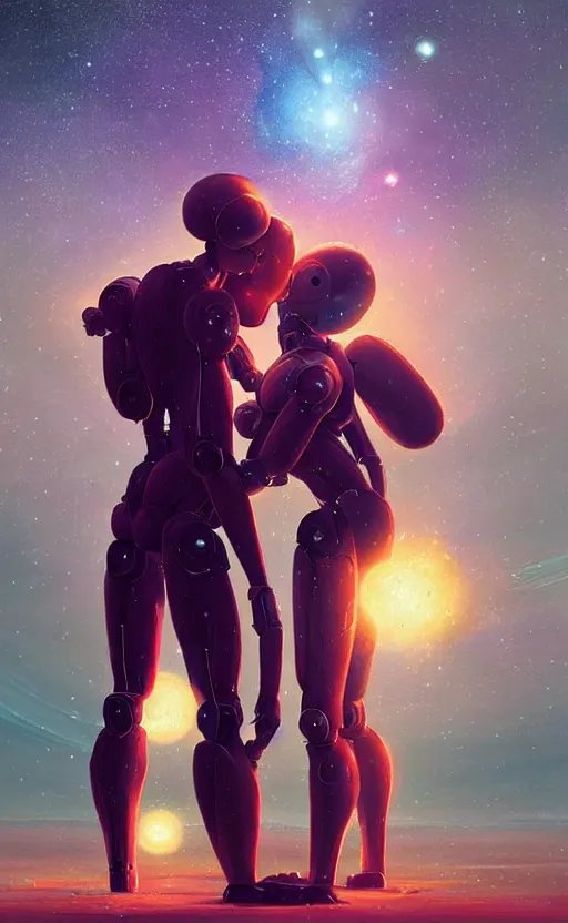 Image similar to digital painting of two humanoid robots hugging each other, supernova in the background, cosmic and stars and planets and galaxy, stunning, surreal, cinematic lighting, concept art by greg rutkowski and simon stalenhag