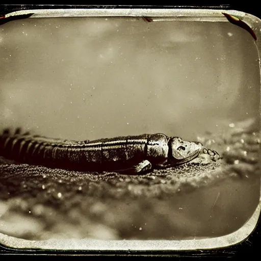 Image similar to tintype photo, swimming deep underwater, centipede