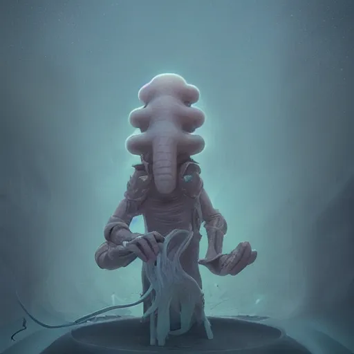 Prompt: squidward as a elden ring boss by Mike Winkelmann