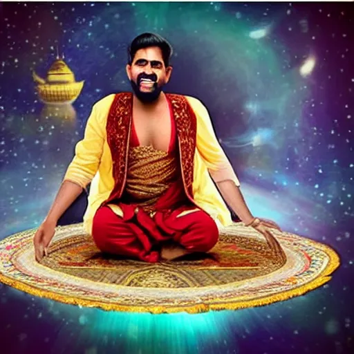 Prompt: bad photoshop of an indian man on a flying carpet singing alladin