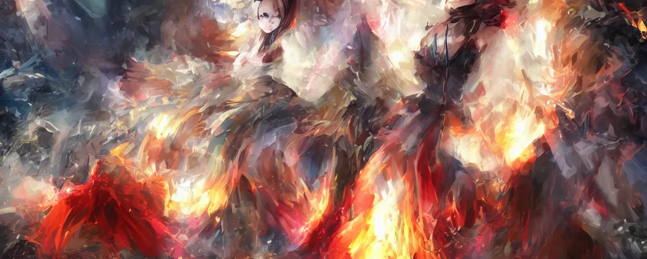Image similar to advanced digital anime art, a very cute gorgeous teenage girl made of fire and ice with red fiery watery eyes glancing over her left shoulder wearing a dress made of water is walking through an apocalyptic burning city, cinematic lighting, medium shot, mid-shot, trending on pixiv, Artstation, Sakimimichan