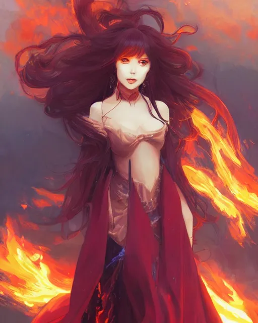 Image similar to beautiful long haired anime girl, fire dress, portrait, flames everywhere, highly detailed, digital painting, artstation, concept art, smooth, sharp focus, illustration, art by artgerm and greg rutkowski and alphonse mucha