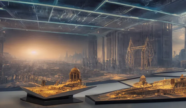 Prompt: group of people in bare walled museum, looking at hologram of futuristic city on a table, cinematic concept art, godrays, golden hour, natural sunlight, 4 k, clear details, tabletop model buildings, center model buildings, hologram center, crane shot, crane shot, crane shot
