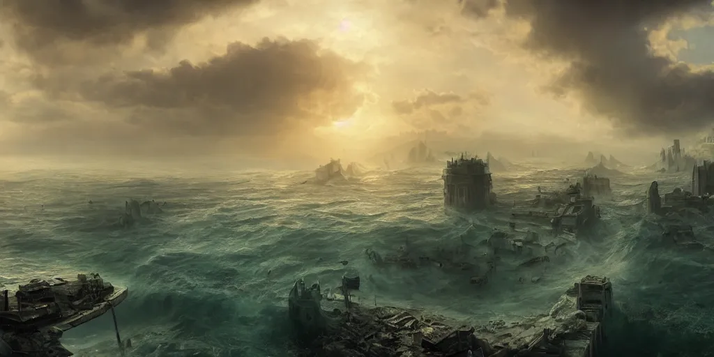 Image similar to a submerged city by james paick, big waves, matte painting, 3 5 mm lens, early morning sunrise, dramatic lighting, cinematography, game environment design, cinematic, global illumination, highly detailed, trending on artstation, deviant art, bloom