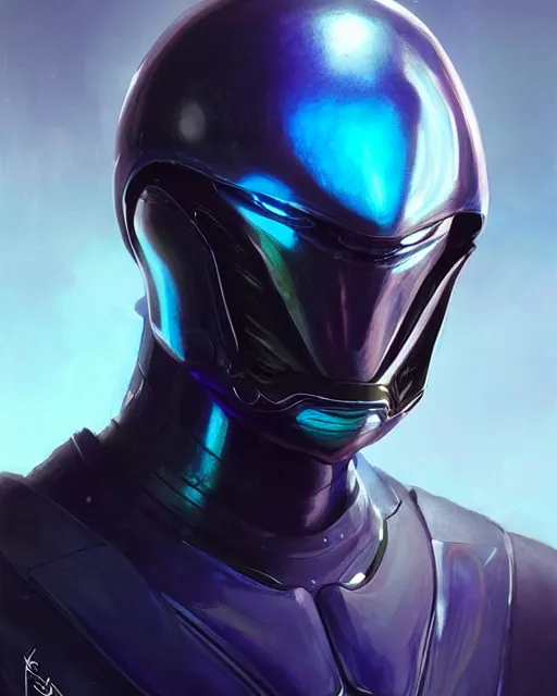 Image similar to character art of iridescent sinewy smooth muscular male sleek glossy bluish black pearlescent scifi armor with smooth black featureless helmet, by greg rutkowski, mark brookes, jim burns, tom bagshaw, magali villeneuve, eve ventrue, trending on artstation