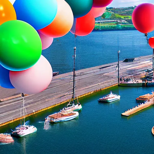 Image similar to digital art of a port in bretagne with giant birthday balloons, artstation cgsociety masterpiece