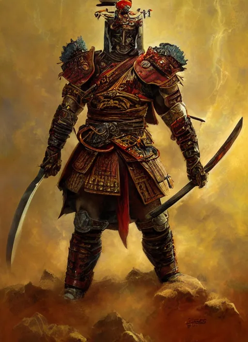 Image similar to A full portrait oil painting of a godlike and psychedelic helmeted and masked Samurai holding a katana above his head an running into battle, japanese god of war armor, by Frank Frazetta, Greg Rutkowski, Boris Vallejo, epic fantasy character art, Exquisite detail, post-processing, low angle, masterpiece, cinematic, lightning