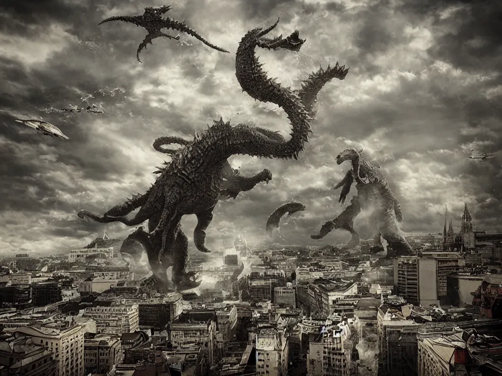 Image similar to kaiju attack in budapest photography realistic, detailed, cinematic