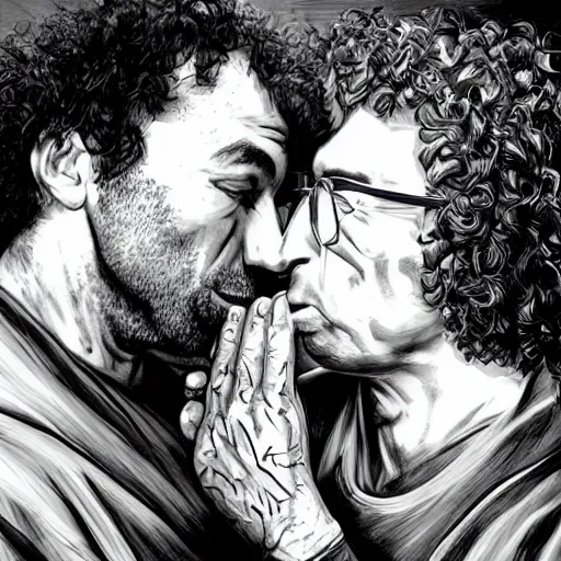Prompt: Joe Rogan and Howard Stern kissing, intricate, highly detailed, concept art, smooth, sharp focus, illustration, medium shot, mid-shot