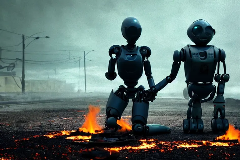 Image similar to vfx film closeup, dead robot couple on the ground holding hands, city street tire tracks fire. flat color profile low - key lighting award winning photography arri alexa cinematography, hyper real photorealistic cinematic atmospheric cool colorgrade