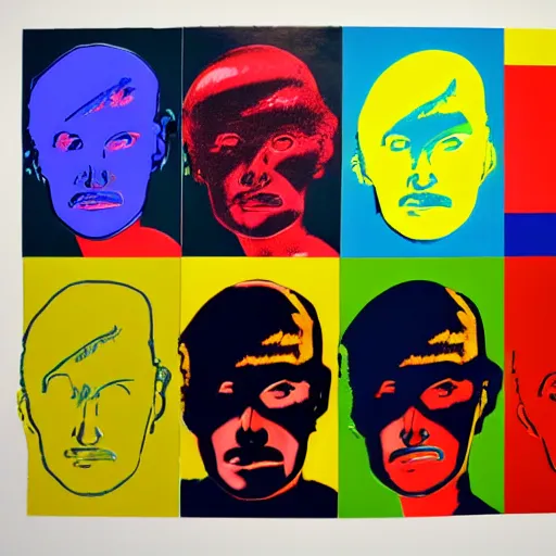 Image similar to androids, panels, primary colors, robot lithography, gynoids by warhol, cyborgs in the style of andy warhol