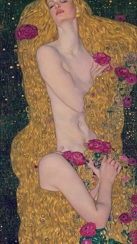 Image similar to a soft and breathtaking detailed painting of a full body sleeping blonde princess in the style of Gustav Klimt, blonde hair, shiny gold, elegant, highly detailed, artstation, fluo colors, concept art, matte, sharp focus, art by Gustav Klimt