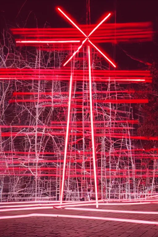 Prompt: Three giant red crosses made out of light beams in the center of a city