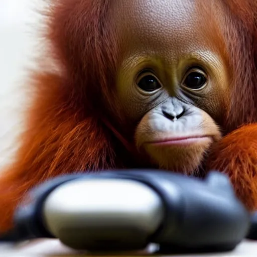 Prompt: A baby orangutan wearing a headset sat in a gaming chair