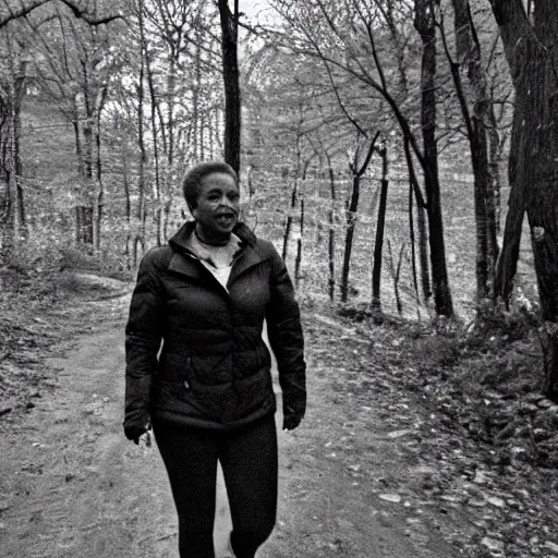 Prompt: chicago mayor lori lightfoot spotted on woodland trail cam night vision