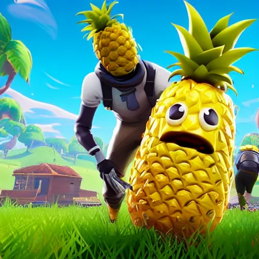 Prompt: anthropomorphic pineapple filled with beans, the bean - filled anthropomorphic pineapple is playing the video game fortnite