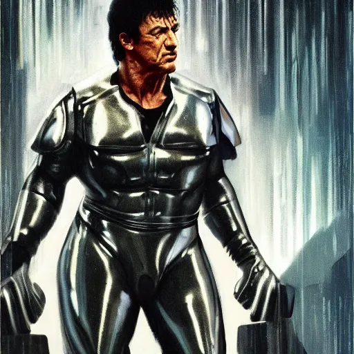 Image similar to sylvester stallone in metal tiger armor, tech noir, wet reflections, prism, atmospheric, ambient, pj crook, syd mead, livia prima, greg rutkowski, edward hopper