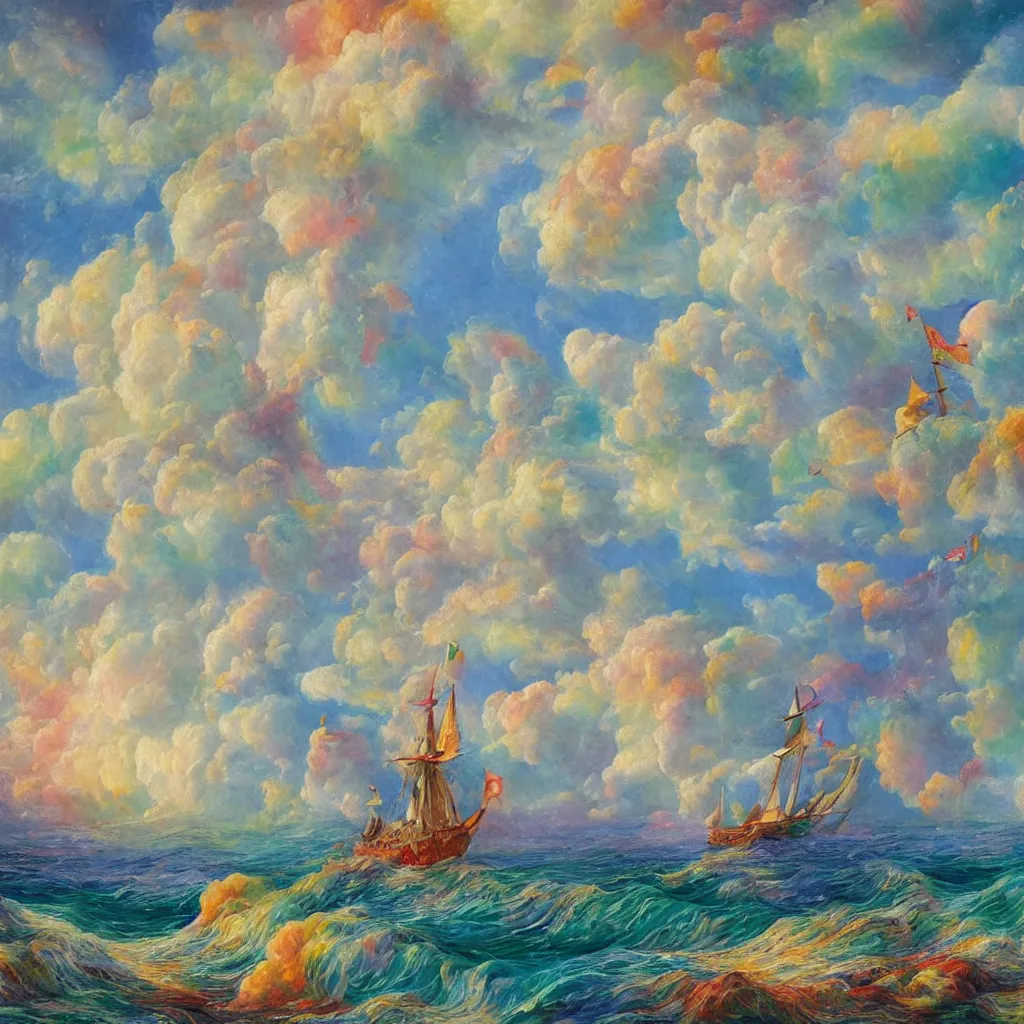Prompt: 3d high relief painting of sea like jelly,Rainbow clouds like sheeps floating lightly in the air, Sailing ship,dreamy, soft , highly detailed, expressive impressionist style,in the style of William Schneider