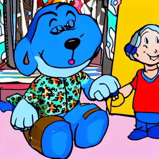 Prompt: cartoon blue from blue's clues, with a birthday present, global illumination,